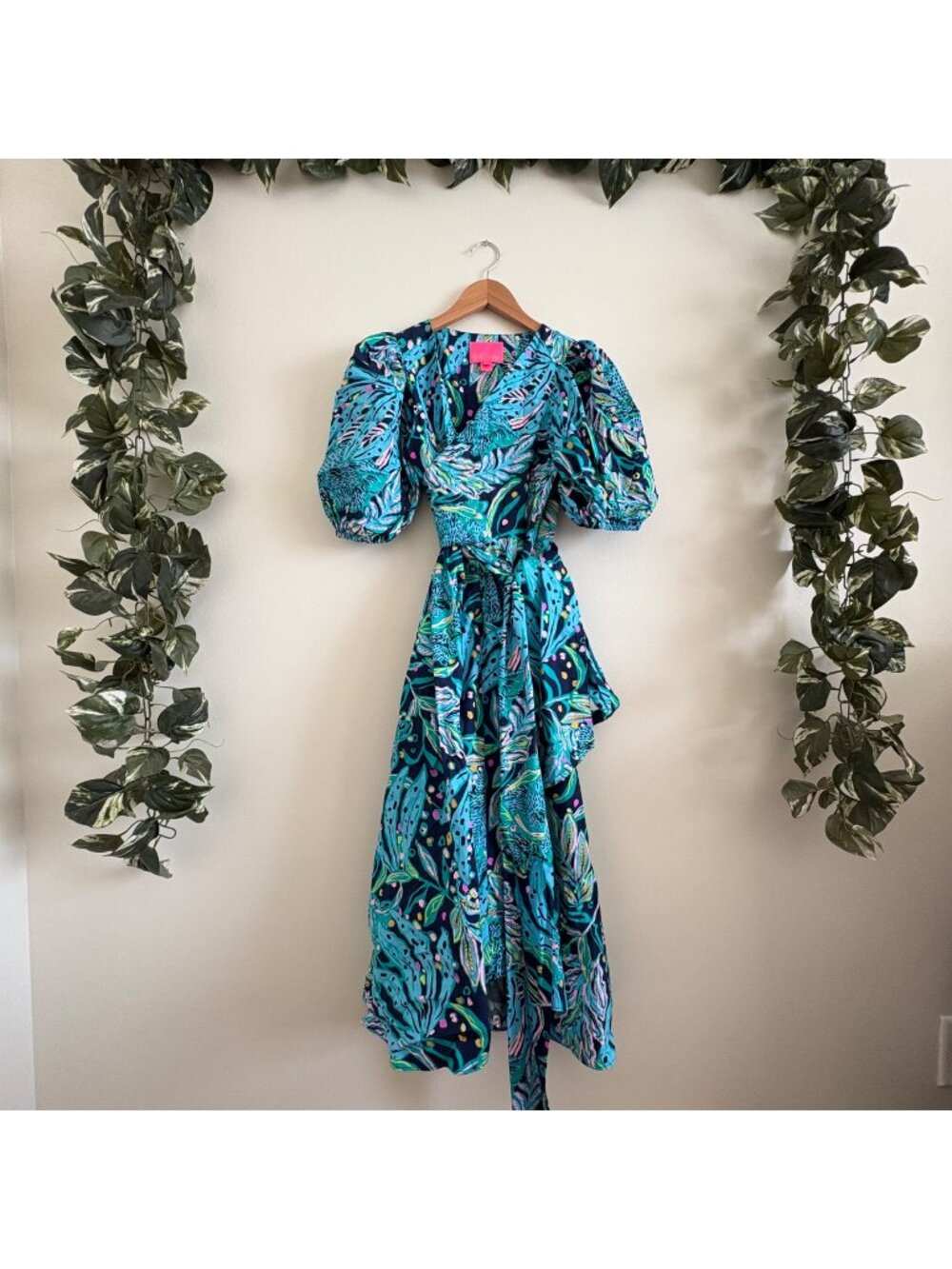 Lilly Pulitzer June Puff Sleeve Poplin Faux Wrap Midi Dress Blue Women’s Size 4